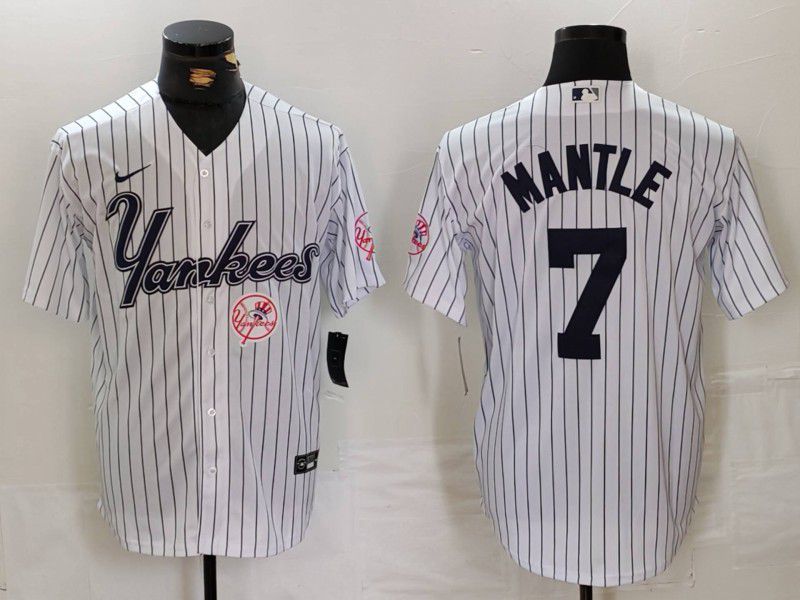 Men New York Yankees 7 Mantle White stripe Three generations of joint names Nike 2024 MLB Jersey style 3